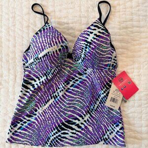 Free Country Tankini Swim Top. Purple, black teal, white. NWT. Size M.